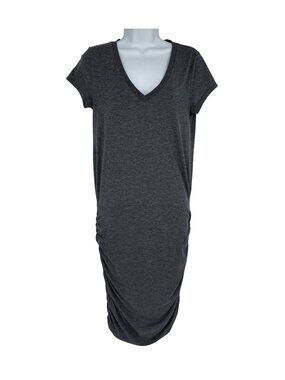 Athleta Womens Charcoal Gray Ruched Hem V-Neck Short Sleeve Dress ST